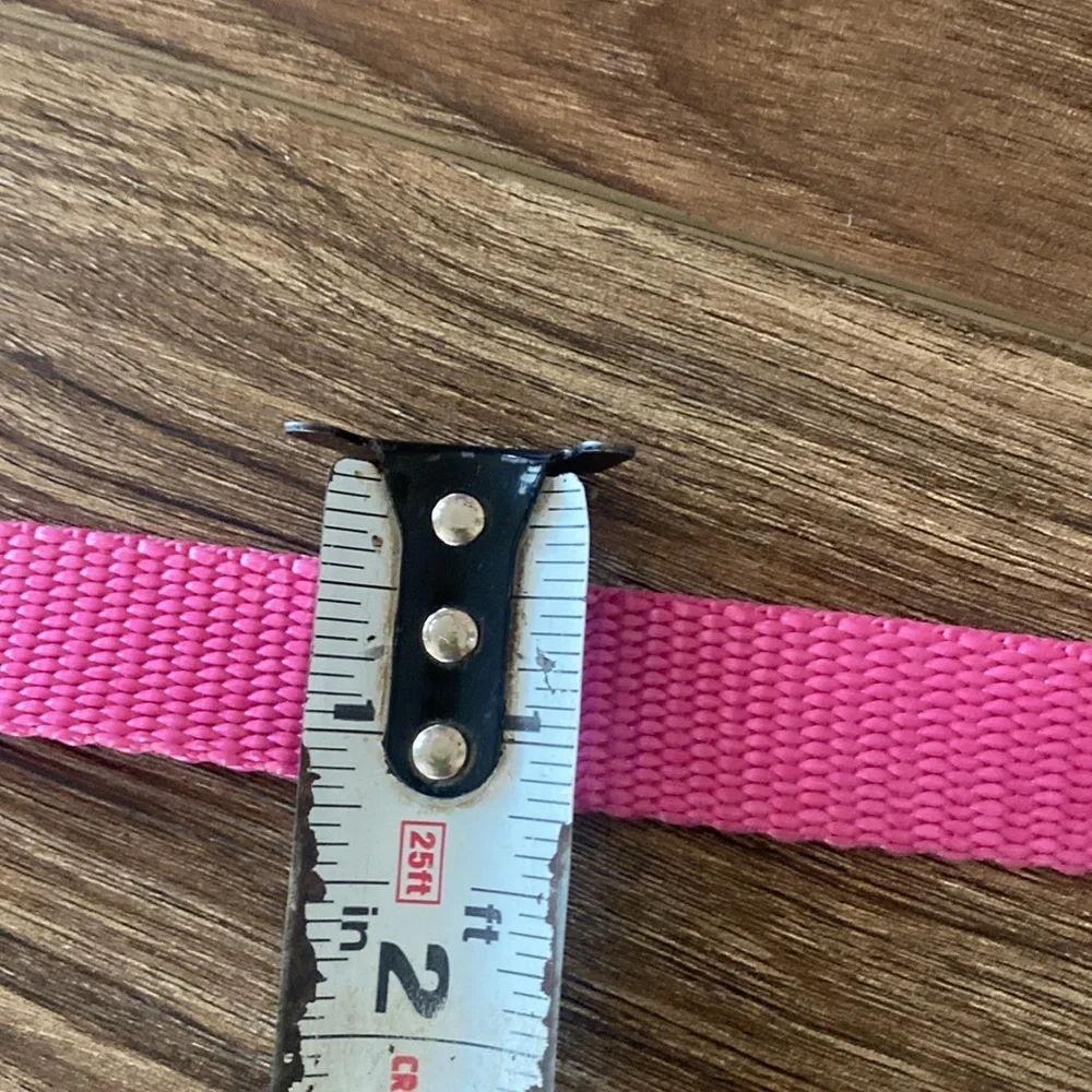 Vintage Pierre Cardin pink nylon Fabric Web Skinny Belt Gold Tone Logo Buckle